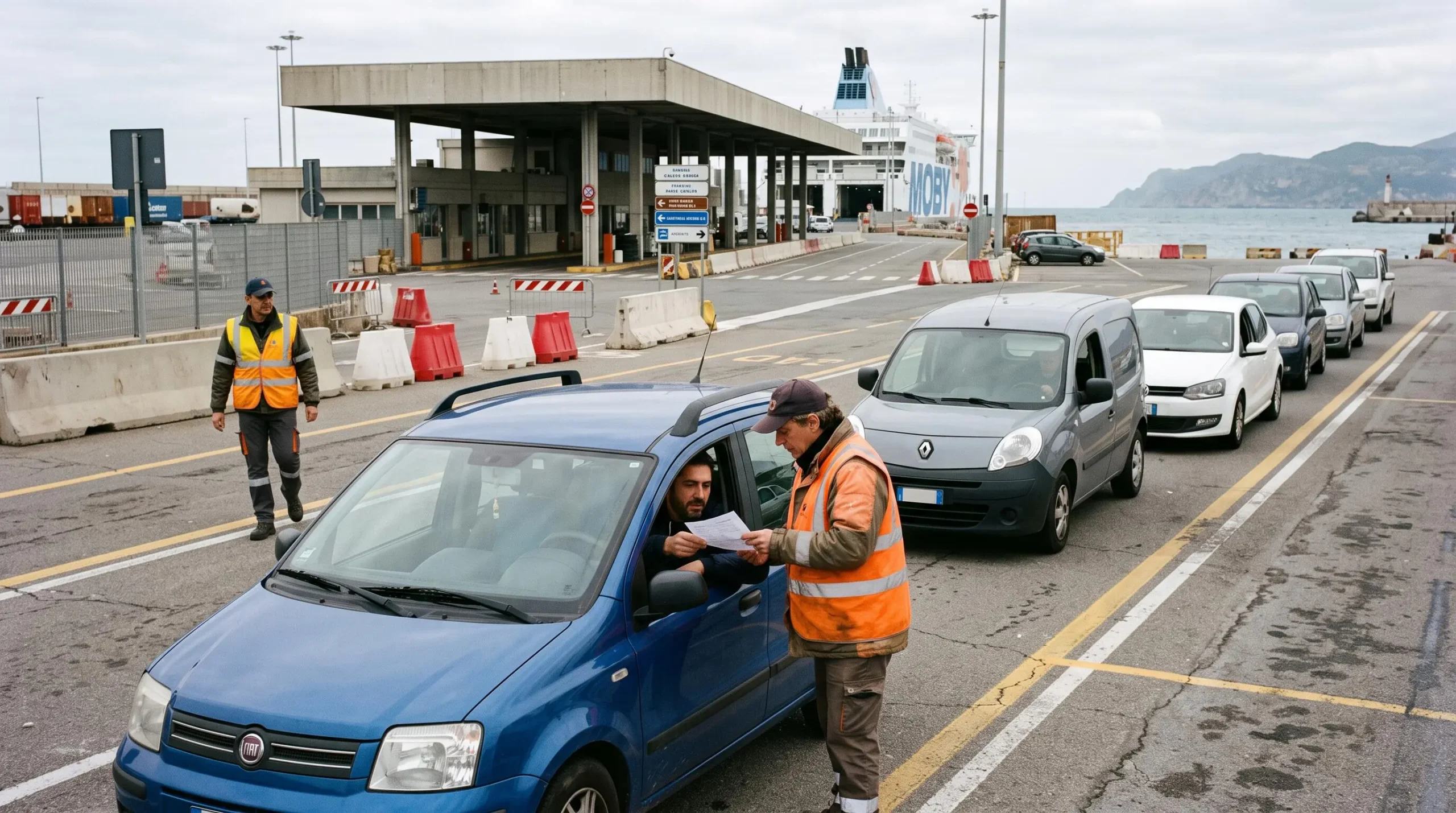 Una fila di auto in coda nella corsia di check-in di un terminal traghetti italiano, con un addetto che controlla i documenti di un conducente.
