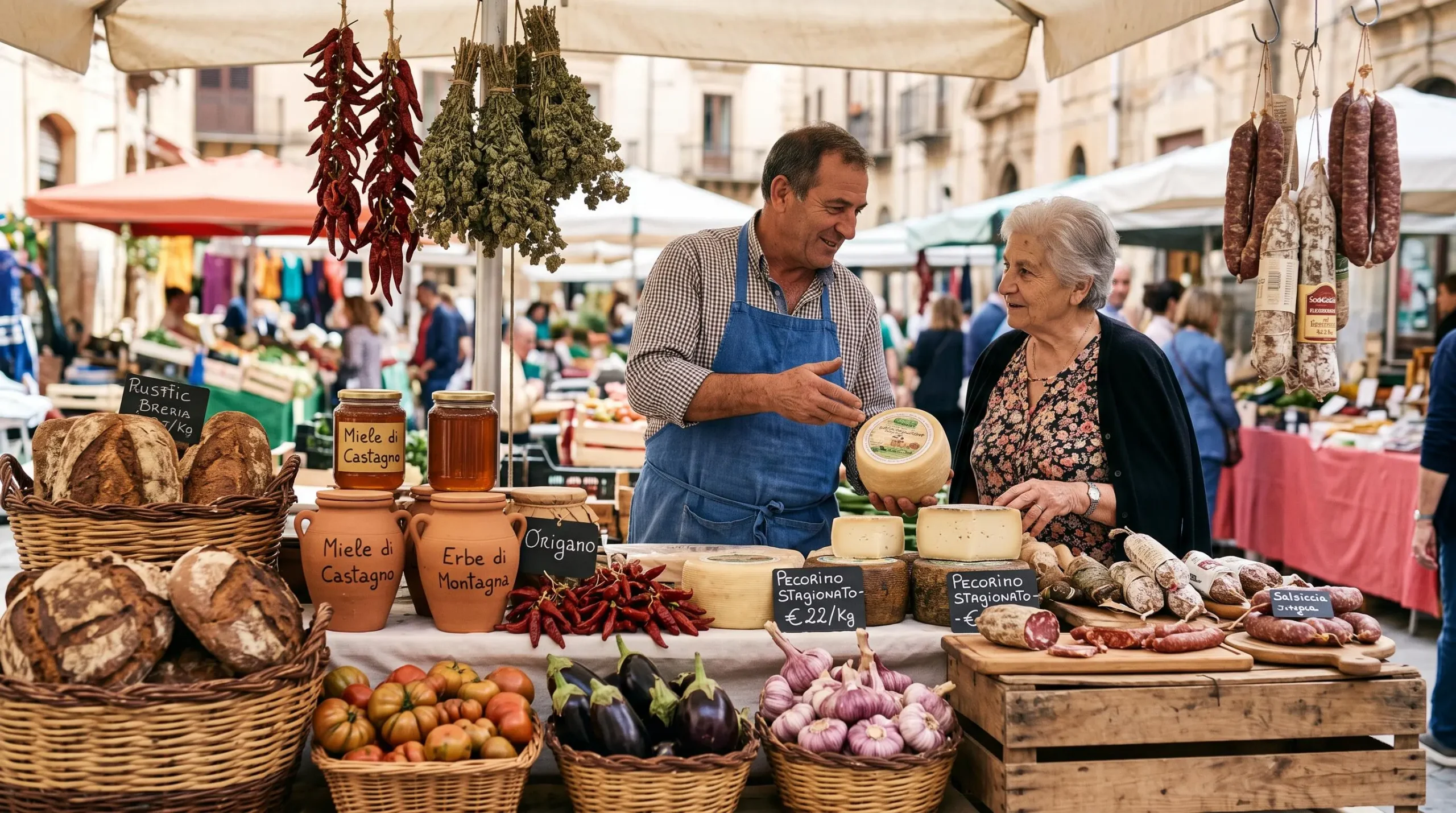 Bancarella tradizionale di mercato mediterraneo con prodotti locali tra cui formaggi artigianali, salumi e miele, venditore che presenta i prodotti a un cliente