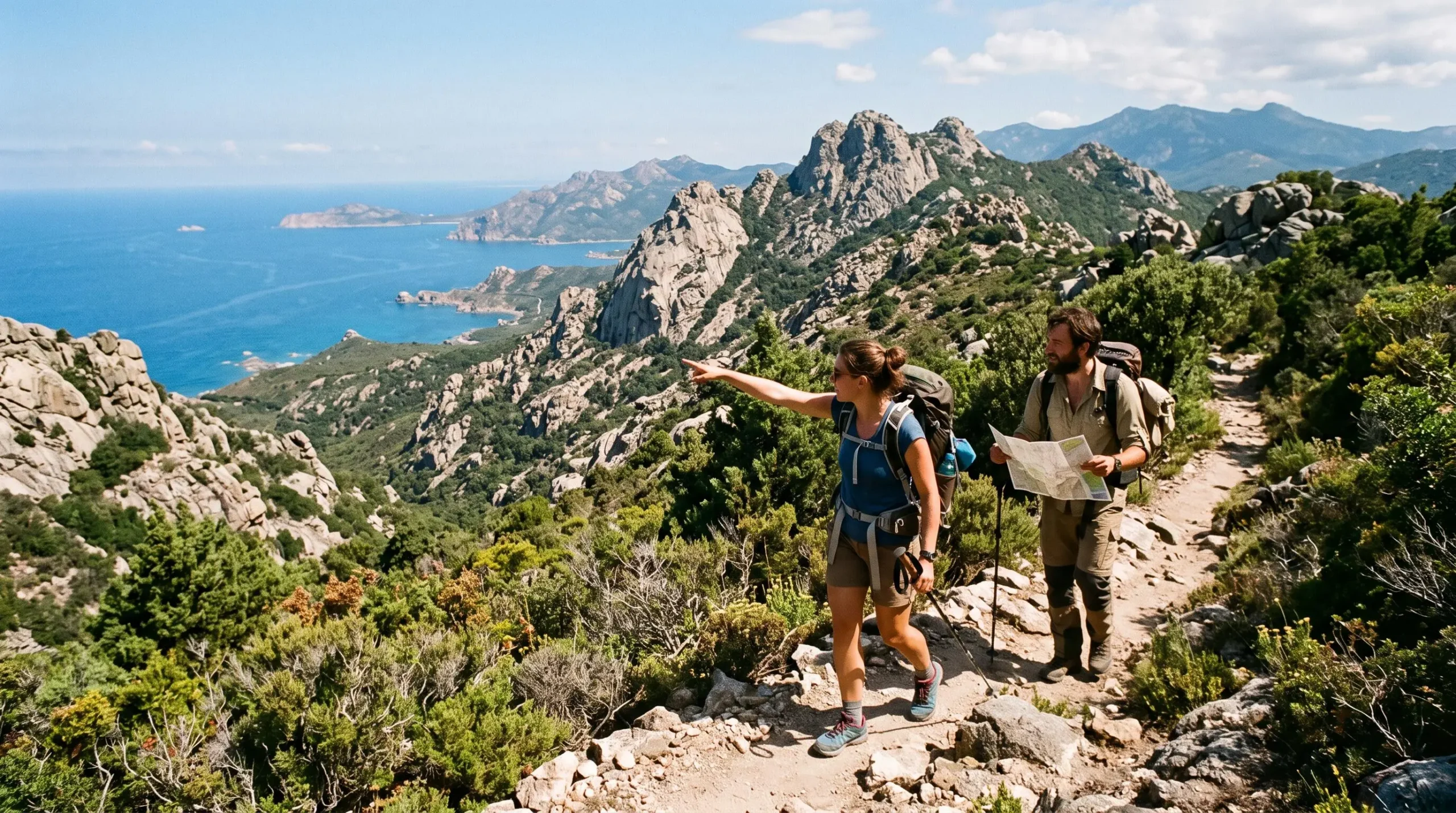 Escursionisti su un sentiero costiero di montagna con terreno mediterraneo scosceso, vegetazione di macchia mediterranea e vista sul mare sullo sfondo