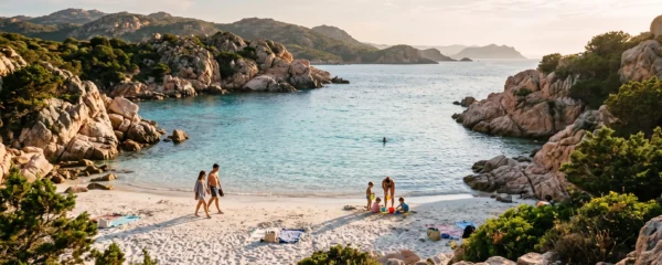 Caletta mediterranea appartata con acqua turchese, sabbia bianca, formazioni granitiche rocciose e vegetazione costiera, con turisti che si godono l'ambiente naturale