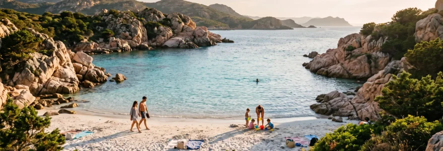 Caletta mediterranea appartata con acqua turchese, sabbia bianca, formazioni granitiche rocciose e vegetazione costiera, con turisti che si godono l'ambiente naturale