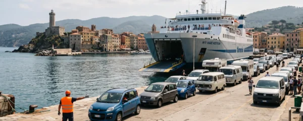 Una grande nave traghetto ormeggiata in un porto italiano con rampa di imbarco abbassata e una fila di auto in attesa di salire a bordo.
