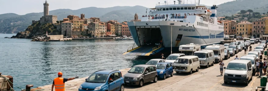Una grande nave traghetto ormeggiata in un porto italiano con rampa di imbarco abbassata e una fila di auto in attesa di salire a bordo.